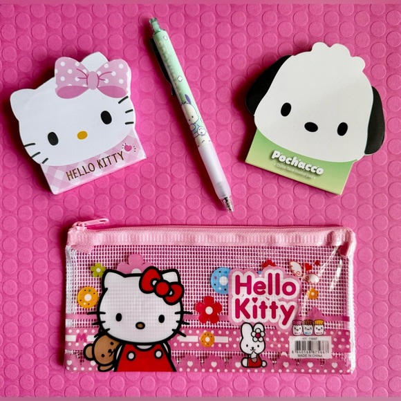 New Sanrio Pochacco & Hello Kitty Zip Pouch, Pen, Note Pads Stationery Set of 4 - Picture 1 of 9
